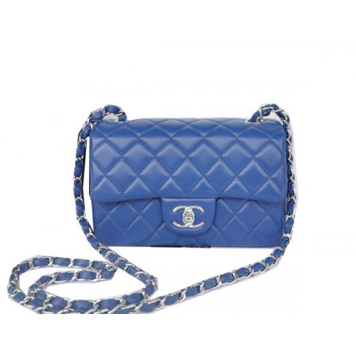 Chanel mini klasszikus kézitáska kék eredeti báránybőrből CHA1116 ezüst