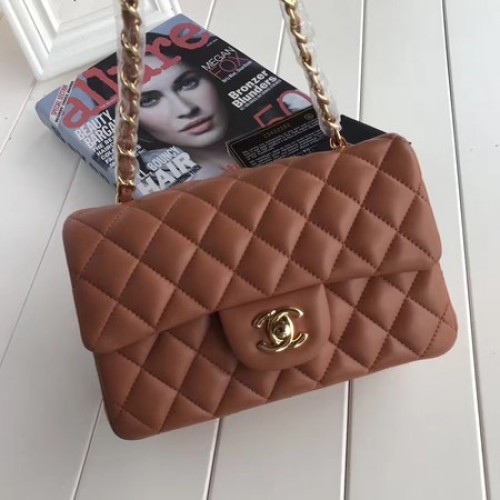 Chanel mini klasszikus fedeles táska barna eredeti báránybőrből A1116 arany