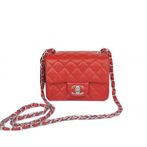 Chanel mini klasszikus fedeles táska piros eredeti báránybőr CHA1115 ezüst