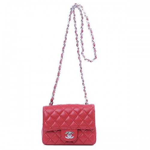 Chanel mini klasszikus fedeles táska piros báránybőrből 1115 ezüst