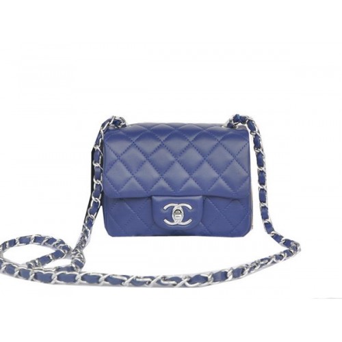 Chanel mini klasszikus fedeles táska királykék eredeti báránybőr CHA1115 ezüst