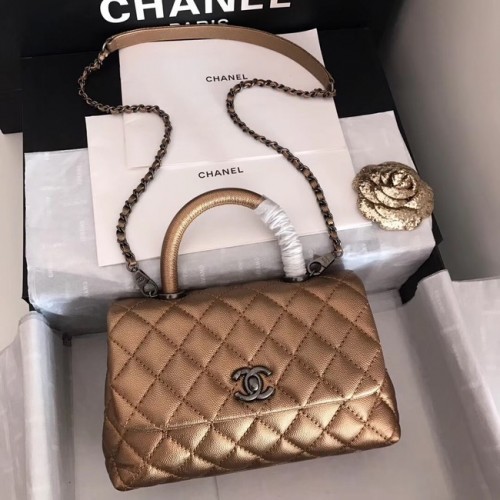 Chanel eredeti kaviár bőr kézitáska felső fogantyúval A92290 bronz és ezüst tónusú fémből