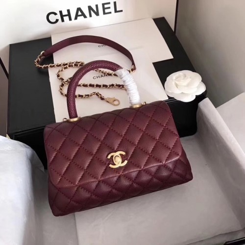 Chanel eredeti kaviár bőr kézitáska felső fogantyúval A92290 lila és aranyszínű fém