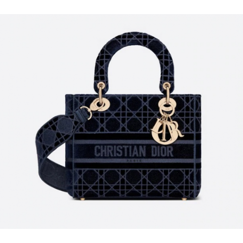 DIOR KÖZEPES NŐI D-LITE TÁSKA Kék Cannage Hímzett Bársony M0565