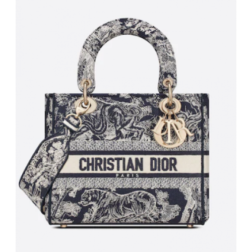 Dior MEDIUM LADY D-LITE TÁSKA Kék Toile de Jouy hátoldali hímzés M0565