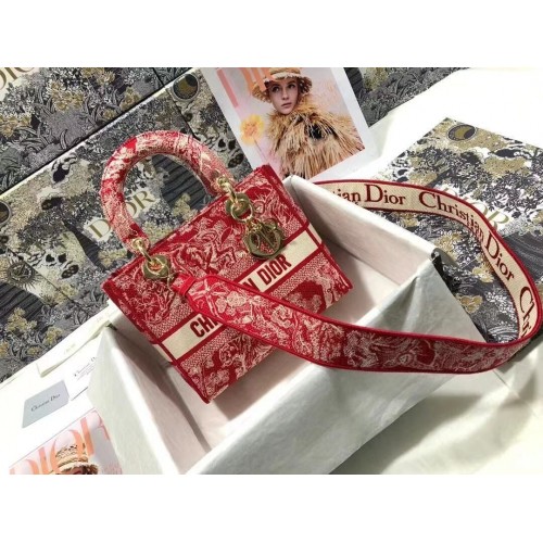 Dior KÖZEPES NŐI D-LITE TÁSKA Virágokkal Hímzett Farmer M0565OJA Piros