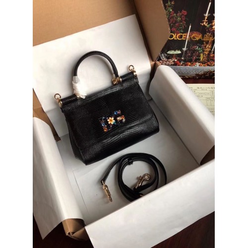 Dolce & Gabbana Eredeti Gyík Bőr Virágos Logós Táska BB4137 Fekete