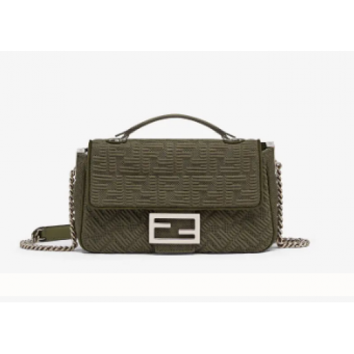 FENDI MIDI BAGUETTE LÁNCOS FF szövettáska 8BR793 Zöld