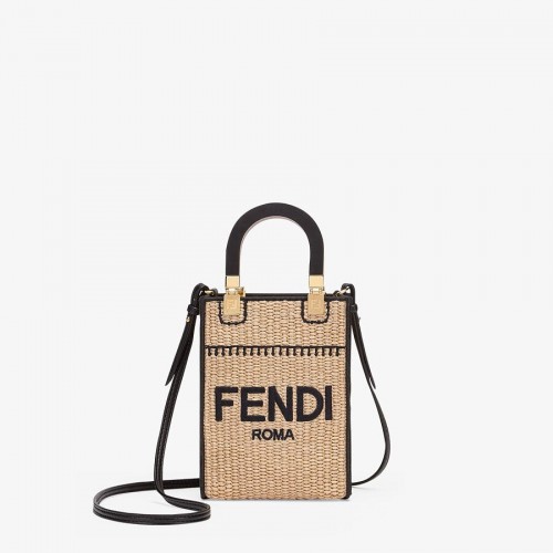 FENDI MINI SUNSHINE SHOPPER Fonott szalma minitáska 8BS051 barackszínű