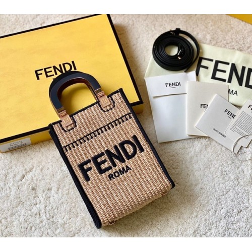 FENDI Mini Sunshine Shopper FF raffia minitáska 8BS051A fekete