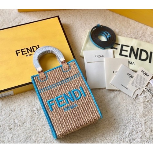 FENDI Mini Sunshine Shopper FF raffia minitáska 8BS051A kék