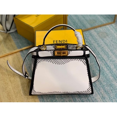 FENDI PEEKABOO ISEEU Közepes Eredeti Bőr Táska F1617 Fehér Fekete