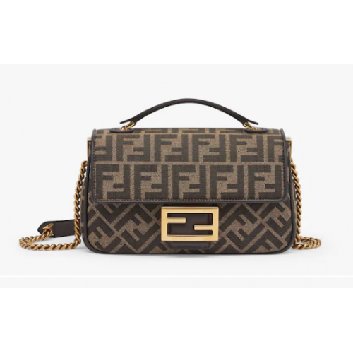 Fendi Baguette Láncos Midi FF Jacquard Szövet Táska 8BR793A Barna