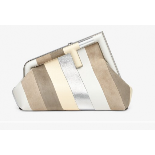 Fendi First Kis Bőrtáska Ezüst és Világosbarna Berakással 8BP129A