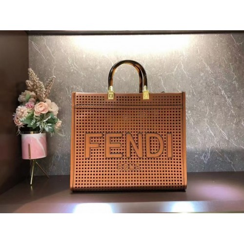 Fendi Sunshine közepes méretű, kétszínű perforált bőr bevásárlótáska 8BH386A barna