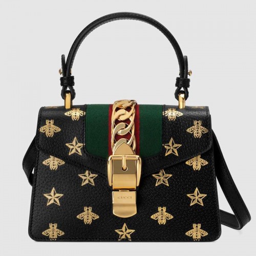 Gucci Sylvie Bee Star mini bőr táska 470270 fekete