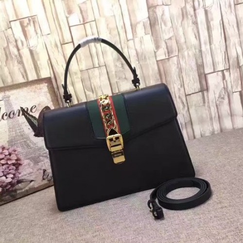 Gucci Sylvie Bőr Felső Fogantyús Táska 431665 Fekete