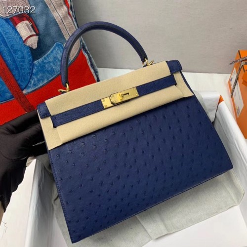 Hermes Kelly Táska Eredeti Bőr Struccbőr H5600 Sötétkék