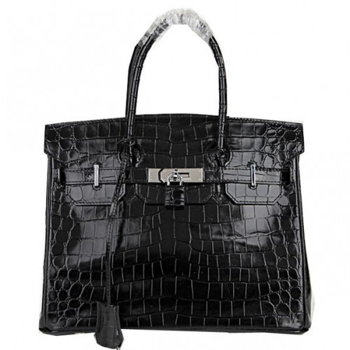 Hermès Birkin 30cm Szállít Táska Fekete Irizáló Krokodilbőr Ezüst