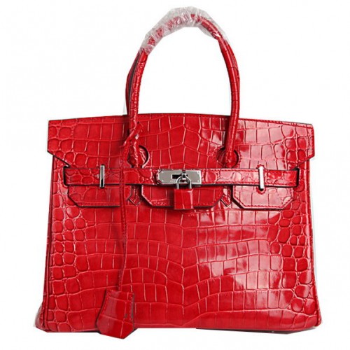 Hermès Birkin 30cm Szállít Táska Piros Irizáló Krokodilbőr Ezüst