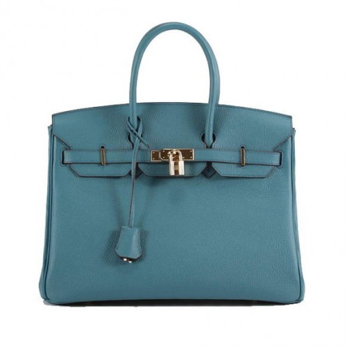 Hermès Birkin 35CM Sima Bőr Kézitáska 6089 Kék Arany