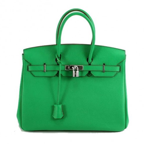 Hermès Birkin 35CM Sima Bőr Kézitáska 6089 Sötétzöld Ezüst