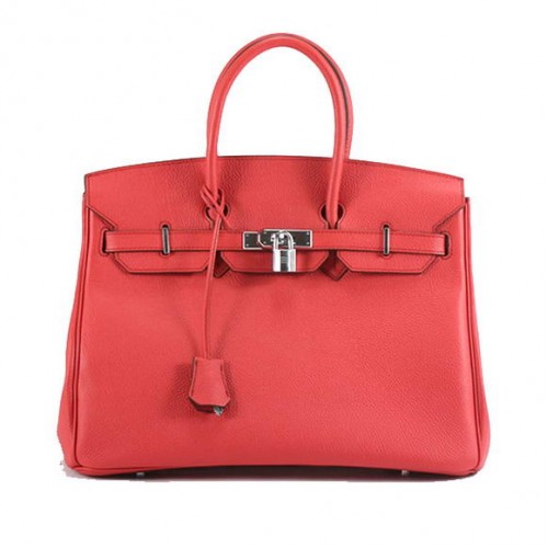 Hermès Birkin 35CM Sima Bőr Kézitáska 6089 Piros Ezüst