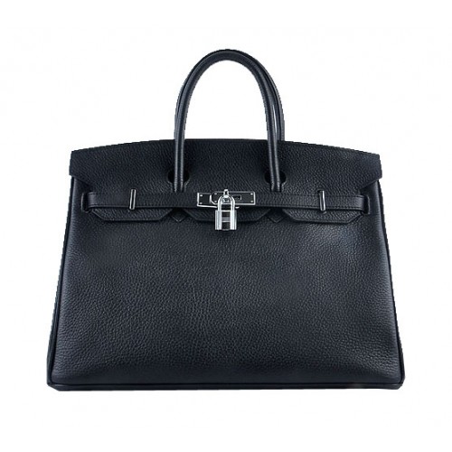 Hermès Birkin 35cm Szállít Táska Fekete Szemcsés Bőr Ezüst