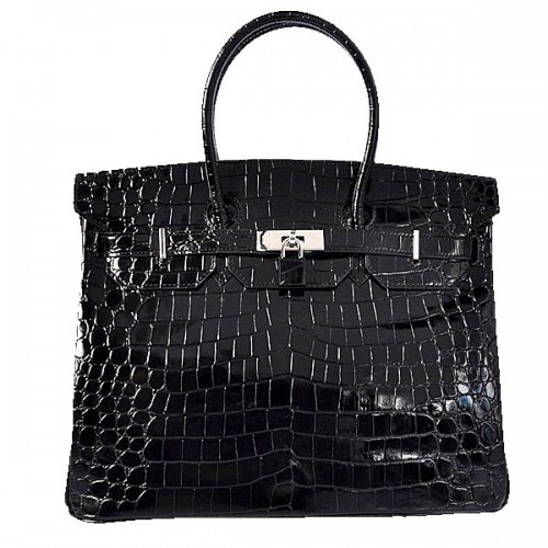 Hermès Birkin 35cm Szállít Táska Fekete Irizáló Krokodilbőr Ezüst