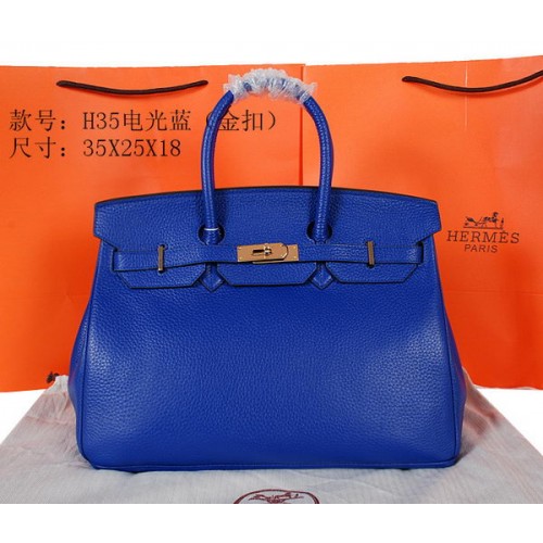 Hermès Birkin 35cm Szállít Táska Kék Eredeti Szemcsés Bőr H35 Arany
