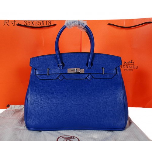 Hermès Birkin 35cm Szállít Táska Kék Eredeti Szemcsés Bőr H35 Ezüst
