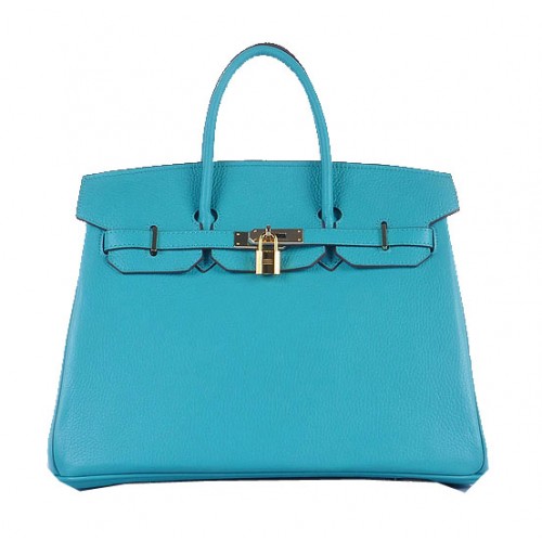 Hermès Birkin 35cm Szemcsés Bőr Táska Világoskék Arany