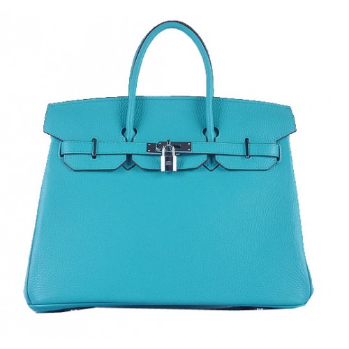 Hermès Birkin 35cm Szemcsés Bőr Táska Világoskék Ezüst Szemcsés Bőr