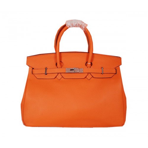 Hermes Birkin 35cm Szállít Táska Narancssárga Eredeti Szemcsés Bőr H35 Ezüst