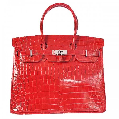 Hermès Birkin 35cm Szállít Táska Piros Irizáló Krokodilbőr Ezüst
