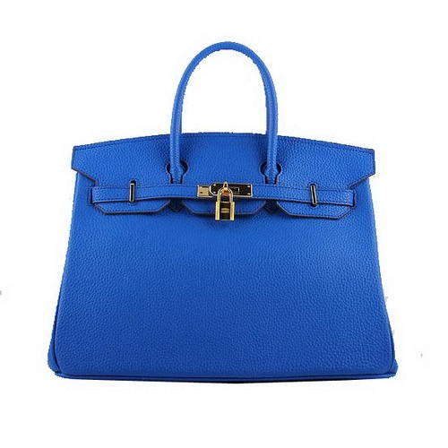 Hermès Birkin 35cm Szállít Táska Kék Szemcsés Bőr H-35 Arany
