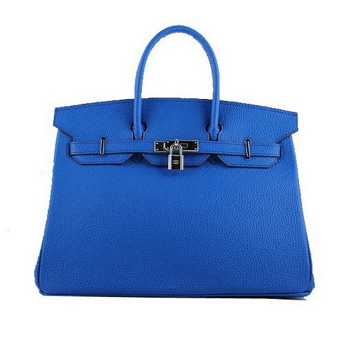 Hermès Birkin 35cm Szállít Táska Kék Szemcsés Bőr H-35 Ezüst
