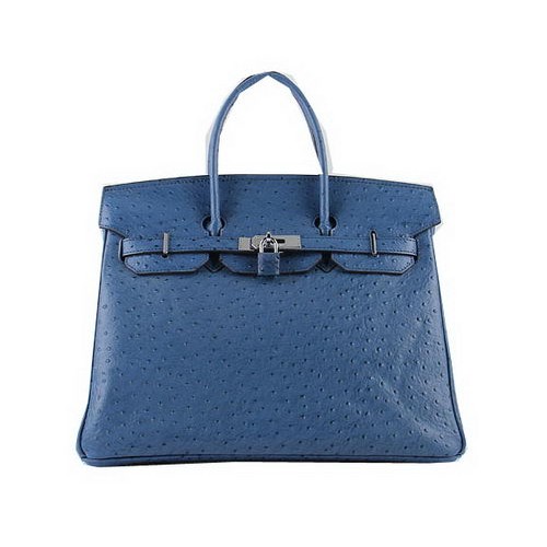 Hermès Birkin 35cm Szállít Táska Kék Strucc Bőr H6089 Ezüst