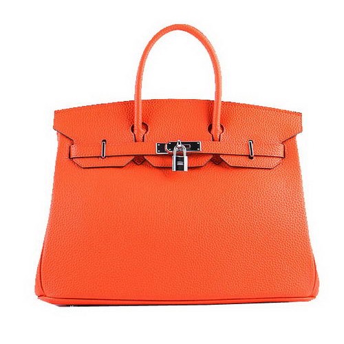 Hermès Birkin 35cm Szállít Táska Narancssárga Szemcsés Bőr H-35 Ezüst