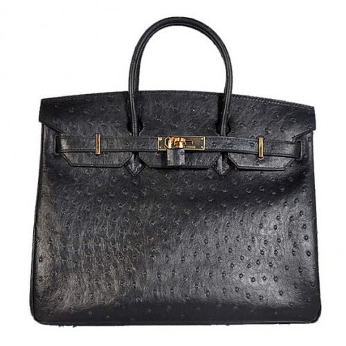 Hermès Birkin 35cm Szállít Táska Strucc Togo Bőr Fekete Arany