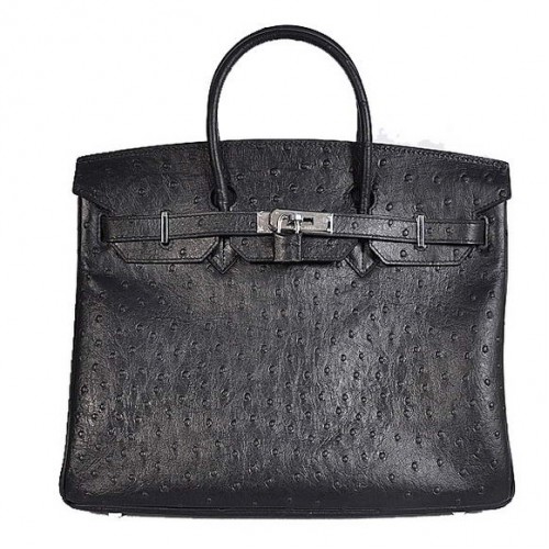 Hermès Birkin 35cm Szállít Táska Strucc Togo Bőr Fekete Ezüst