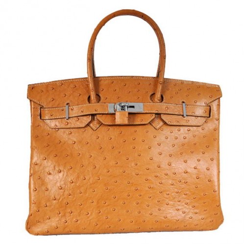 Hermès Birkin 35cm Szállít Táska Strucc Togo Bőr Okker Ezüst