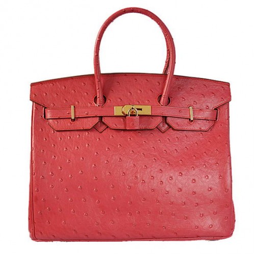 Hermès Birkin 35cm Szállít Táska Strucc Togo Bőr Piros Arany