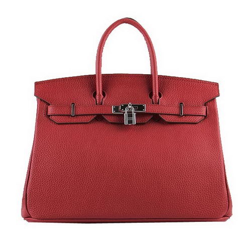 Hermès Birkin 35cm Szállít Táska Piros Szemcsés Bőr H-35 Ezüst