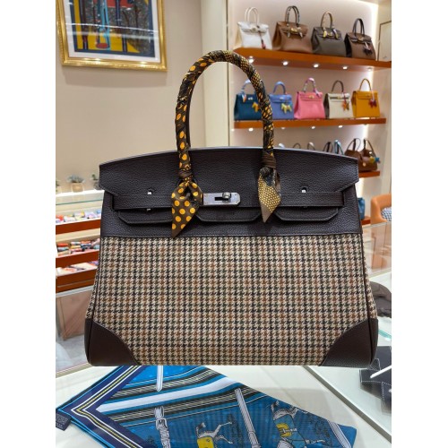 Hermès Birkin Táska Eredeti Bőr 35CM 17888 Houndstooth Sötétbarna
