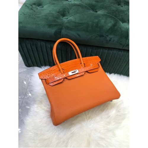 Hermès Birkin Táska Eredeti Bőr Krokodilbőr Togo HBK2530 Narancssárga