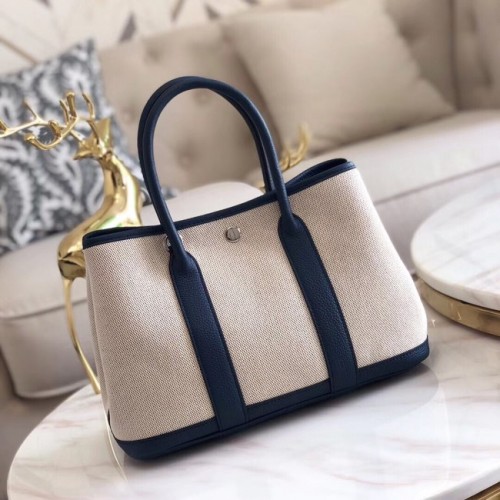 Hermès Kerti Party 36cm-es Szövettáska Eredeti Bőr H3698 Sötétkék