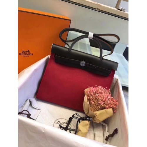 Hermès Herbtáska 31CM Eredeti Vászon Borjúbőr 45987 Fekete És Piros