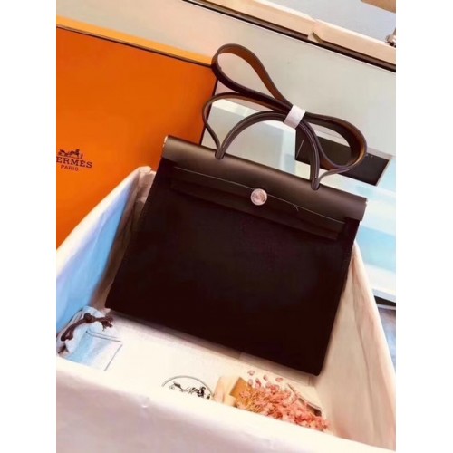 Hermès Herbtáska 31CM Eredeti Vászon Borjúbőr 45987 Fekete
