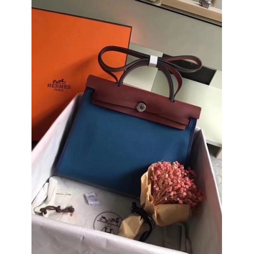Hermès Herbtáska 31cm Eredeti Vászon Borjúbőr 45987 Kék és Borszínű